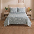 ELOVÉRY Soft Grey Floral Print Cotton Bedsheet Set – White Botanical Pattern