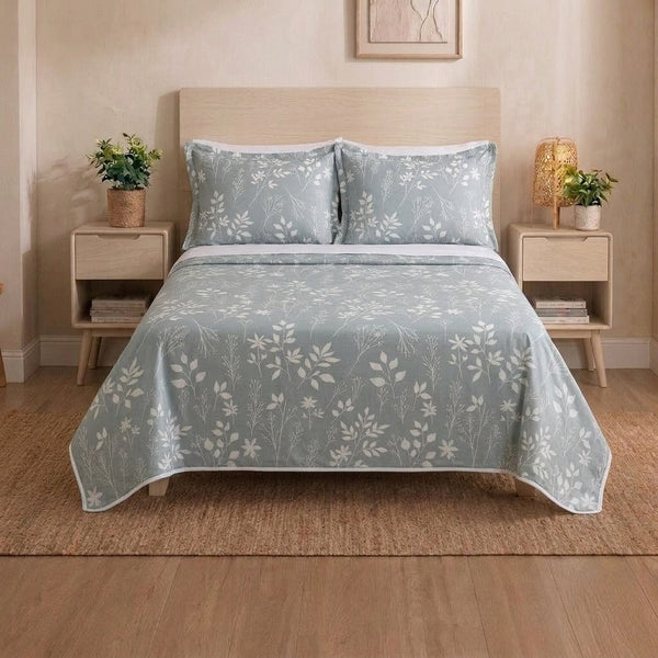 ELOVÉRY Soft Grey Floral Print Cotton Bedsheet Set – White Botanical Pattern