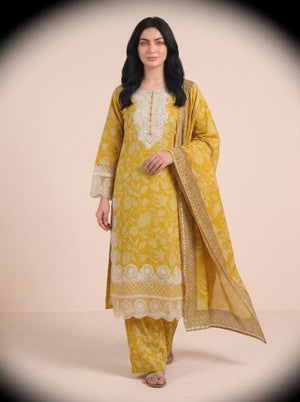 3 Pc Embroidered Lawn Stitched Suit - Mustard Yellow