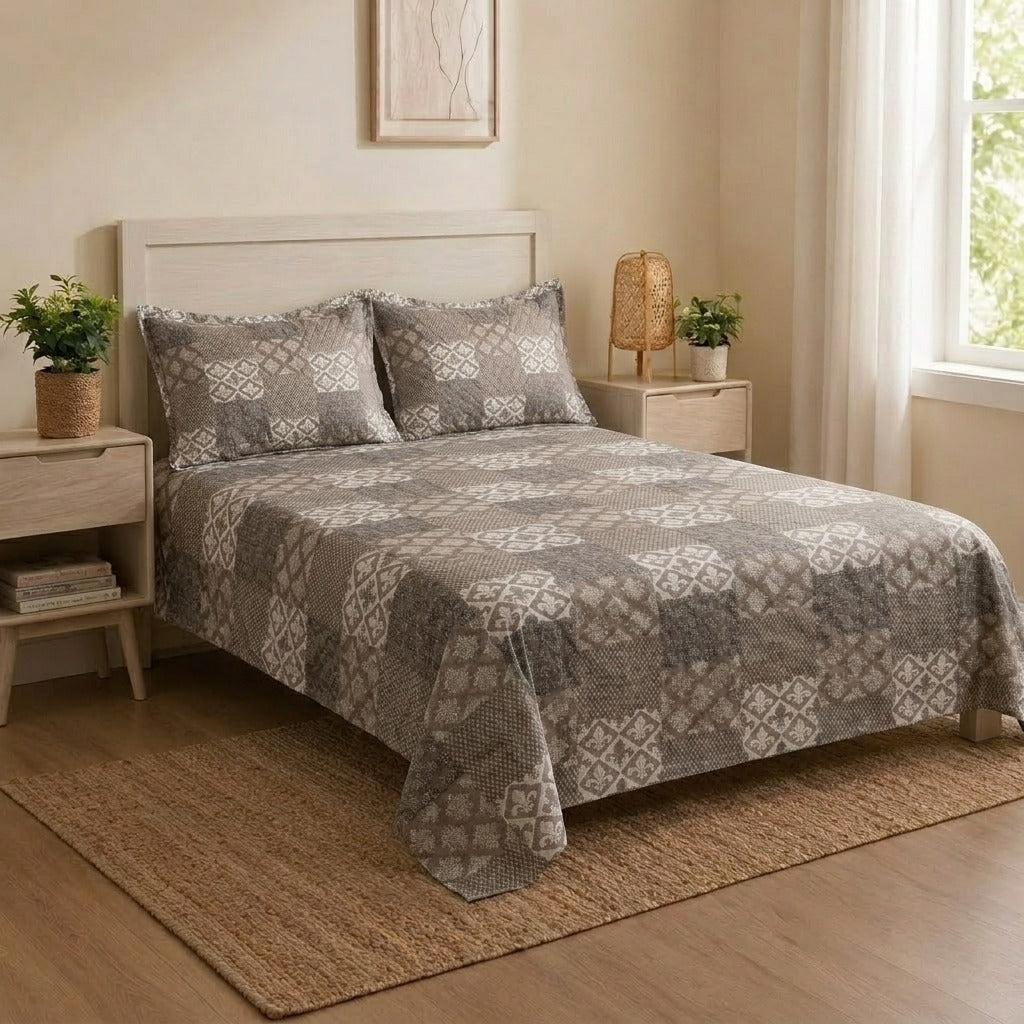 Grey & White Geometric Printed Bedsheet Set Modern Ethnic Pattern Bedding with Matching Pillowcases
