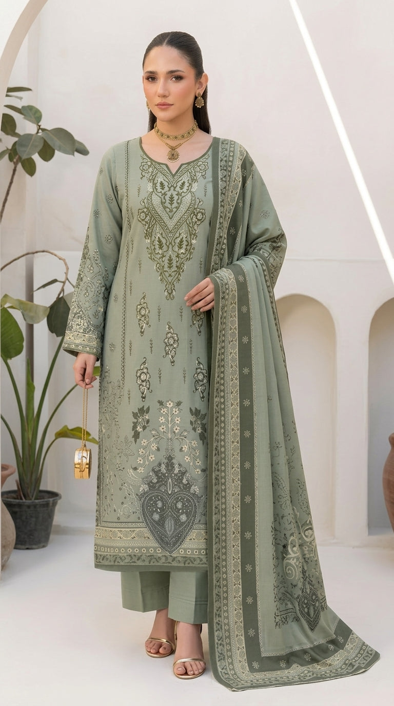 A038 Unstitched Embroidered Dhanak Suit - 3 Pc