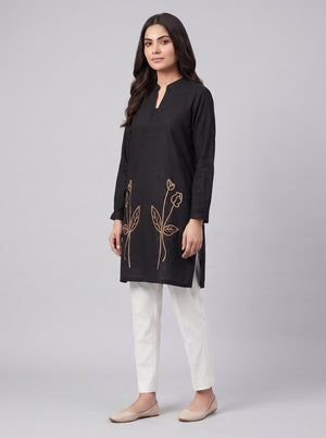 Stitched Embroidered Kurti - Black and golden