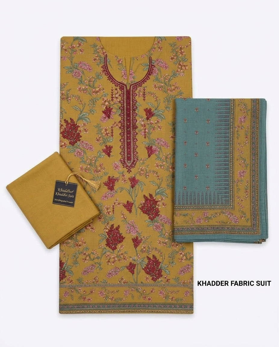 A043 Unstitched Embroidered Khadder Suit - 3 Pc