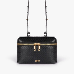 Black weave vanity top-handle bag
