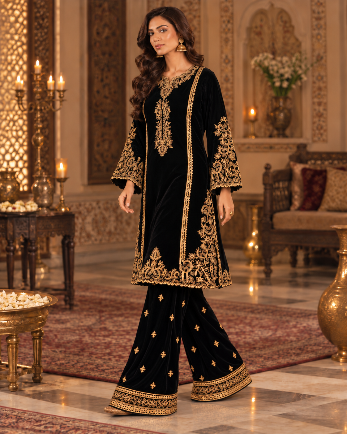 PC-951 Embroidered Micro Velvet Kurti with Plain Straight Trouser - 2 Pcs
