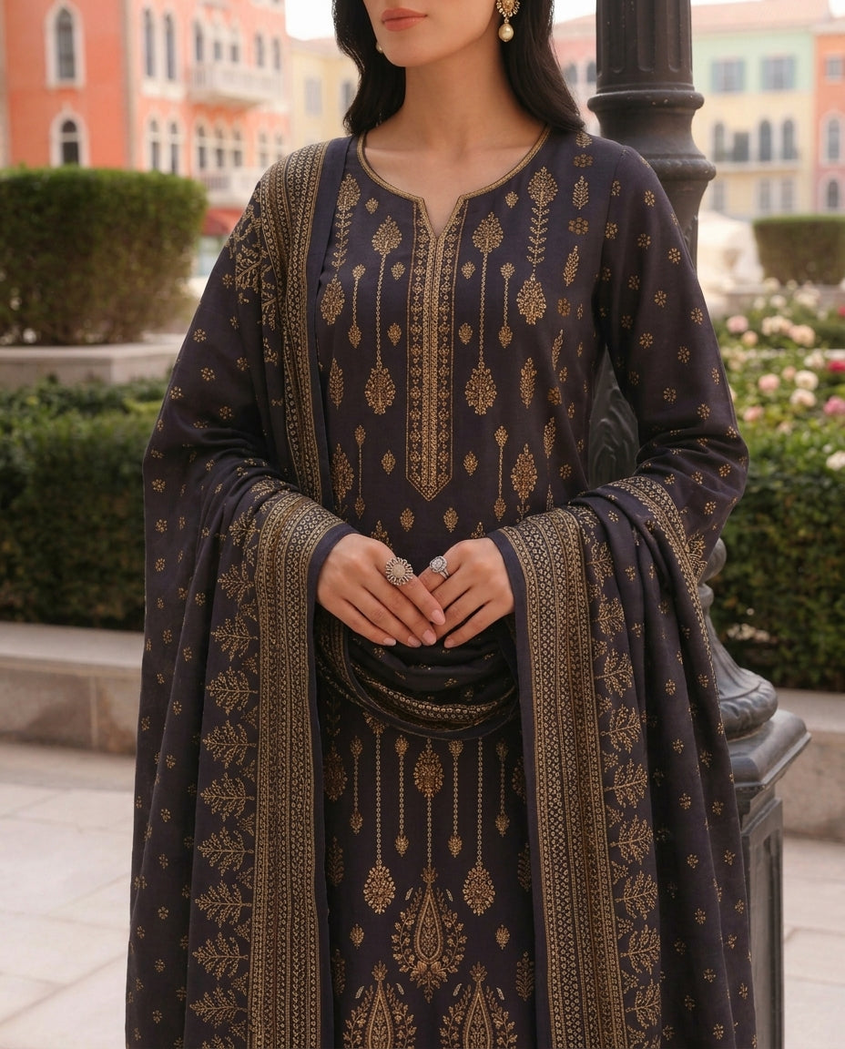 A042 Unstitched Embroidered Khadder Suit - 3 Pc