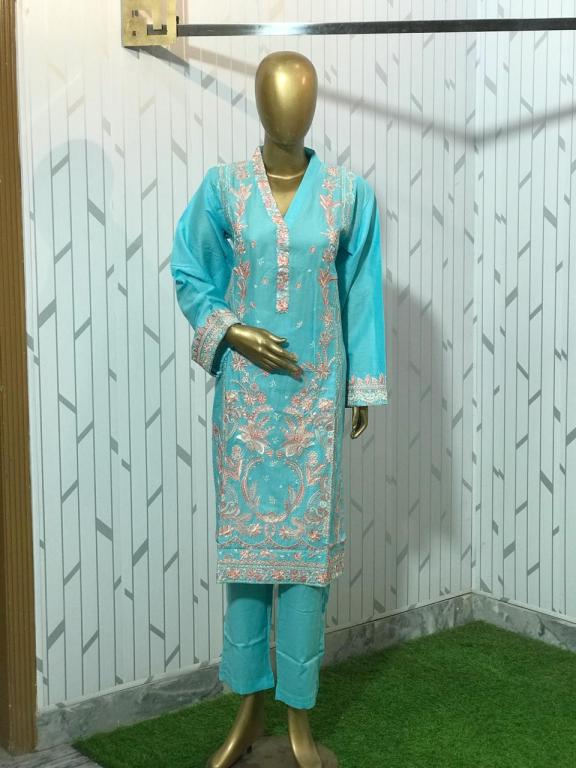 3Pc (G2) Stitched Embroidered Suit - Sky Blue