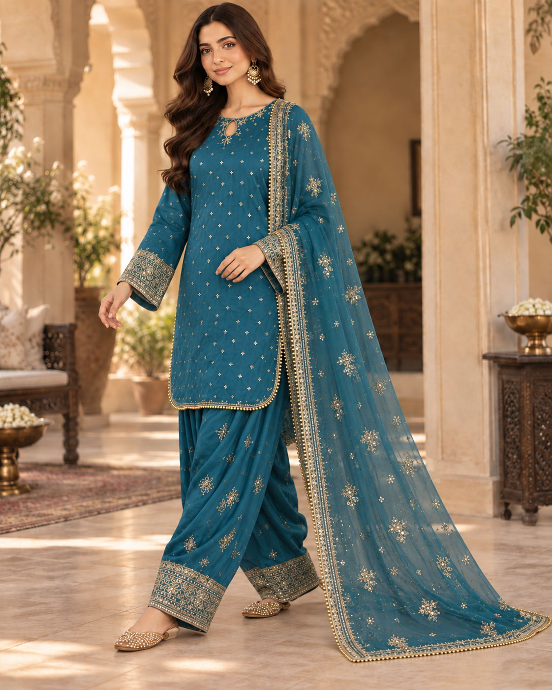 PC-921 Embroidered Silk Kurti with Tulip Shalwar & Organza Dupatta - 3 Pcs