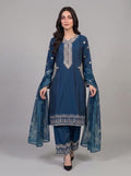 3 Pc Embroidered Lawn Cotton Stitched Suit - Deep Teal Blue