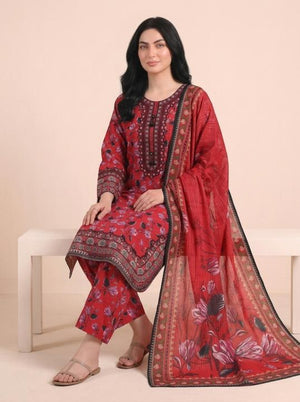 3 Pc Embroidered Lawn Stitched Suit - Red Floral