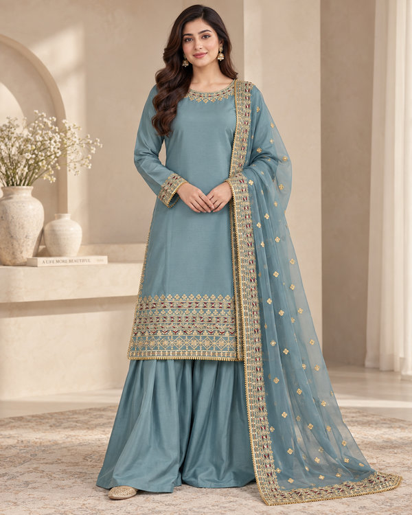PC-91 Embroidered Silk Kameez with Sharara & Net Dupatta - 3 Pcs