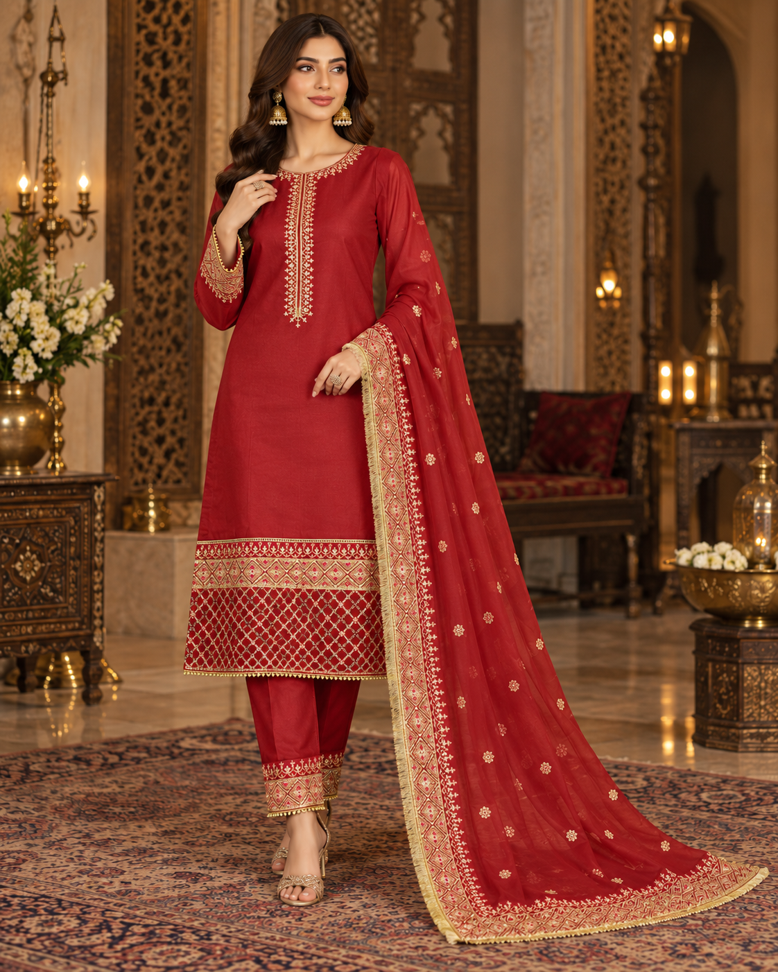 PC-961 Embroidered Premium Silk Shirt with Straight Trouser & Dupatta - 3 Pcs