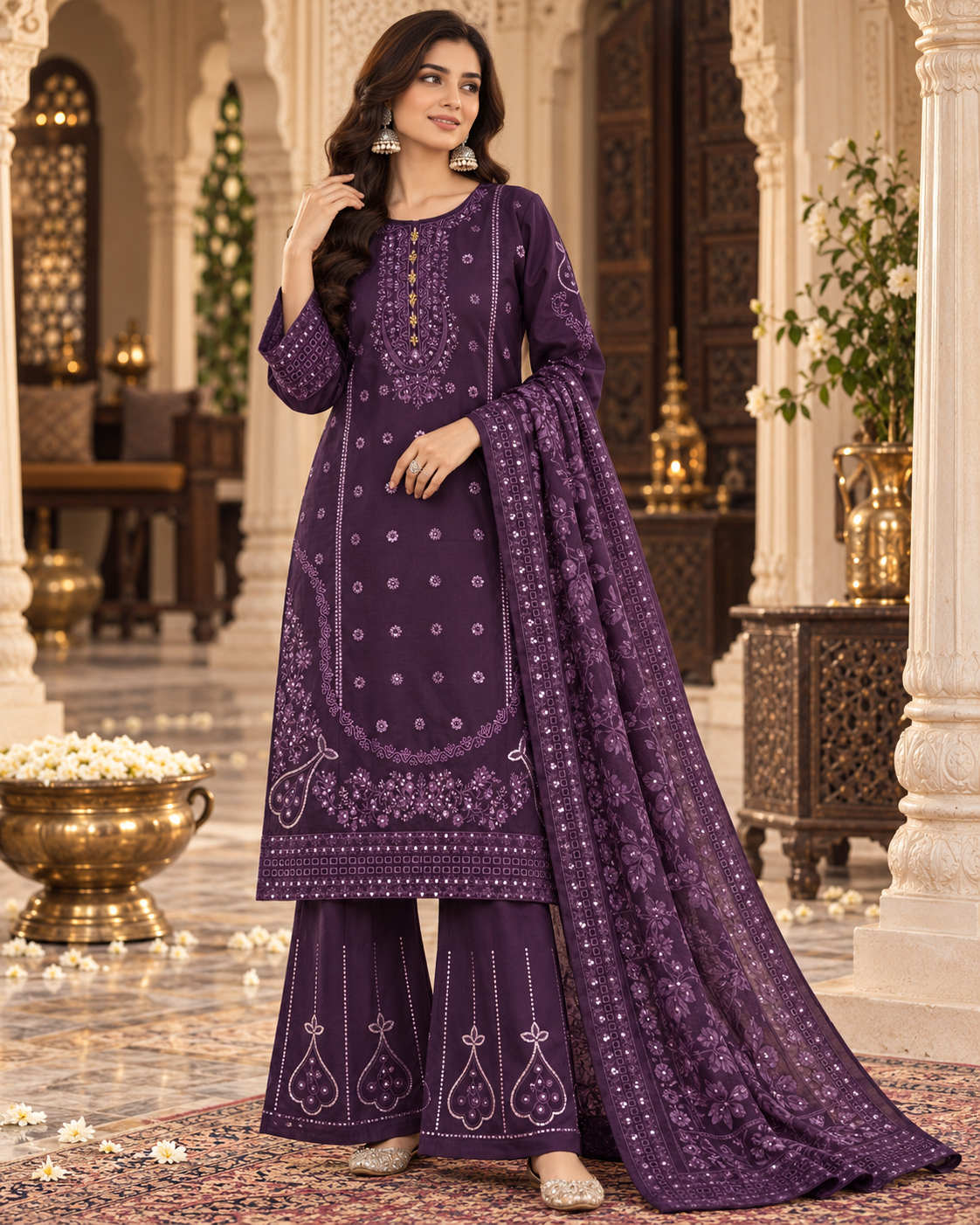 PC-97 Embroidered Cotton Shirt with Flared Trouser & Diamond Dupatta - 3 Pcs