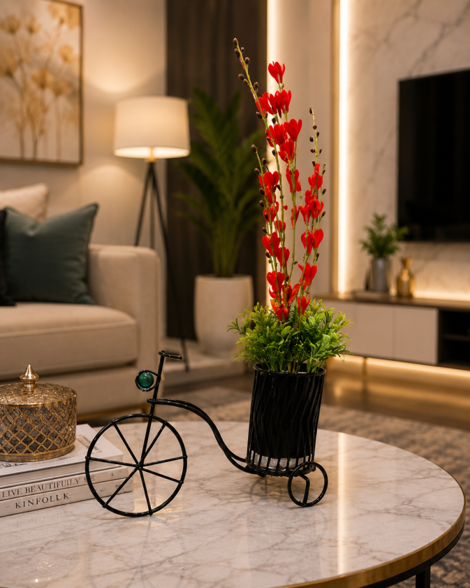 Artificial Pink Flowers with Black Bicycle Planter for Home Decor CH 00246
