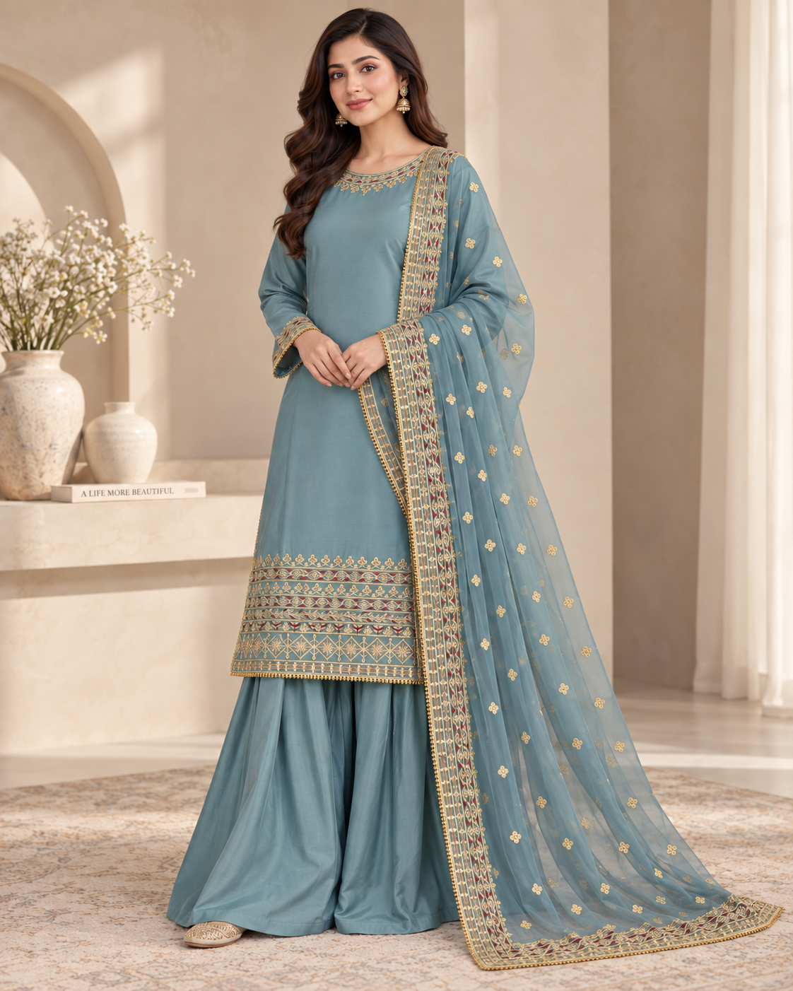 PC-91 Embroidered Silk Kameez with Sharara & Net Dupatta - 3 Pcs