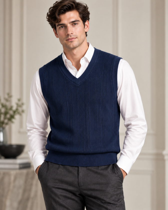 Eternity Men Navy Textured V-Neck Knitted Sweater