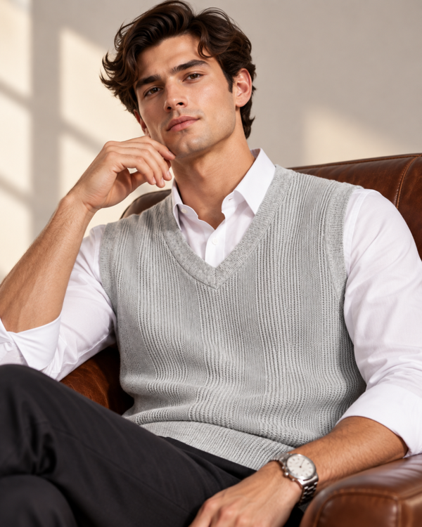 Eternity Men Grey Textured V-Neck Knitted Sweater