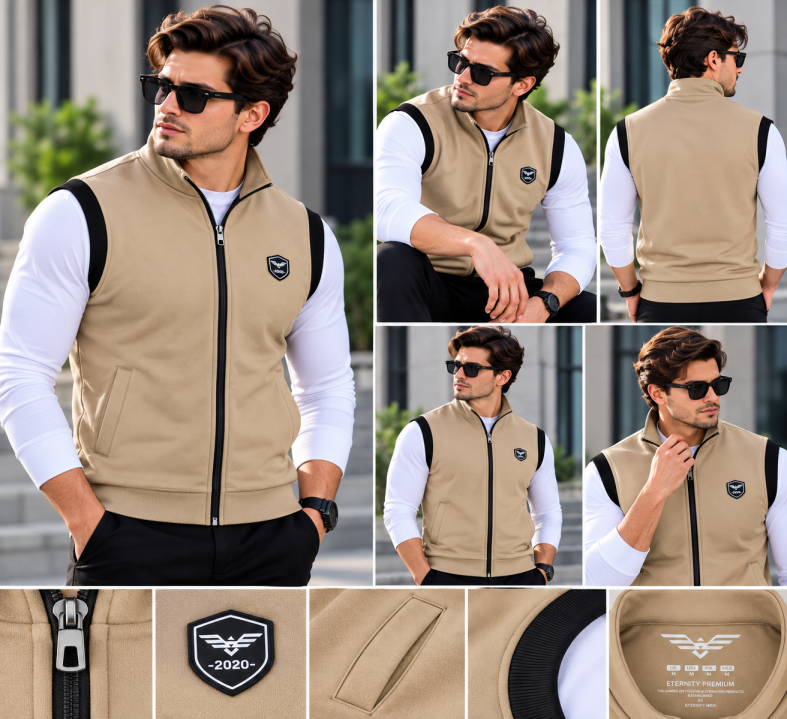 Eternity Men Premium Sleeveless Mock Neck Beige Zipper