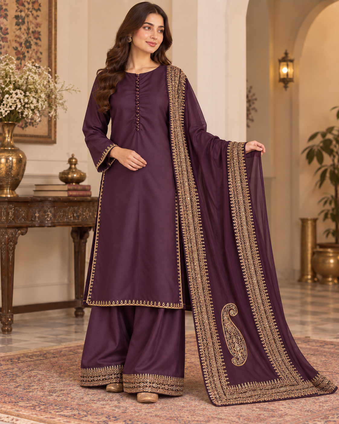 PC-94 Embroidered Silk Kameez with Flared Trouser - 3 Pcs