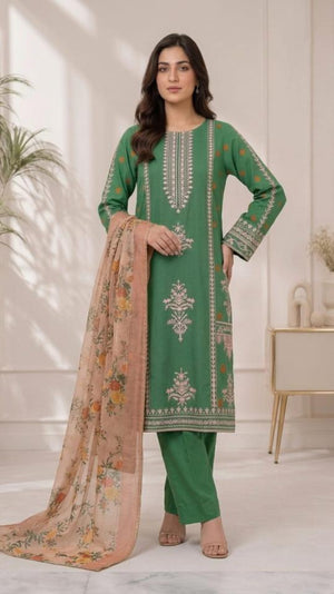 3 Piece Unstitched  Embroidered Karandi Suit - Hr13