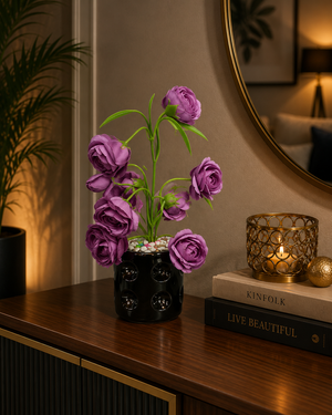 Luxury Artificial Purple Rose Flower Arrangement in Black Ceramic Vase | ch 0044