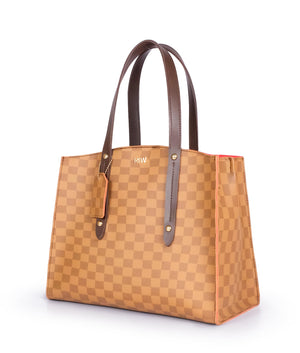 Brown Checkered Multi Compartment Satchel Bag