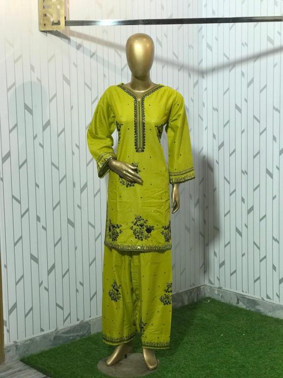2Pc (G1) Stitched Embroidered Suit - Parrot Green