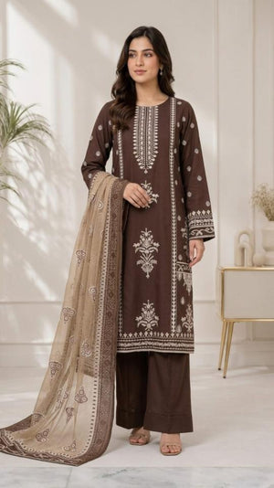 3 Piece Unstitched  Embroidered Karandi Suit - Hr12