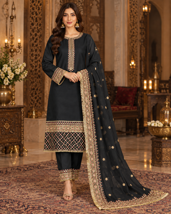 PC-96 Embroidered Premium Silk Shirt with Straight Trouser & Dupatta - 3 Pcs