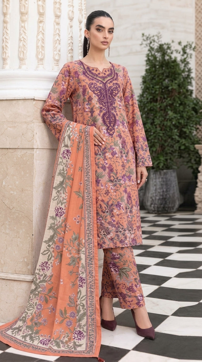A049 Unstitched Embroidered Khadder Suit - 3 Pc