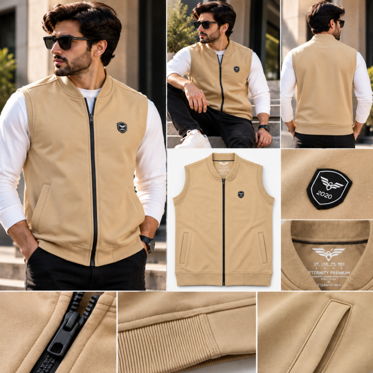 Eternity Men Premium Sleeveless Beige Bomber