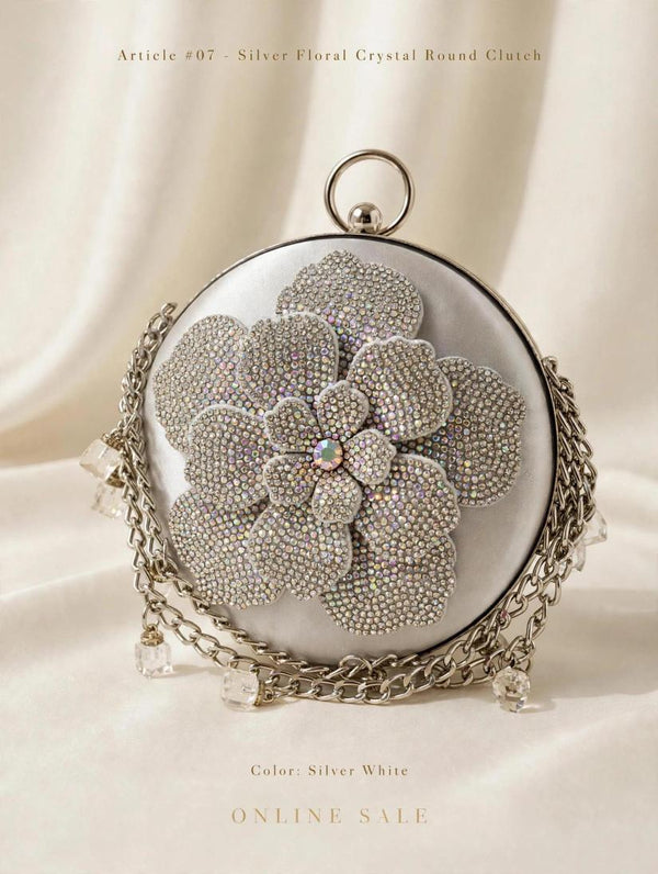 article 07 silver floral crystal round clutch