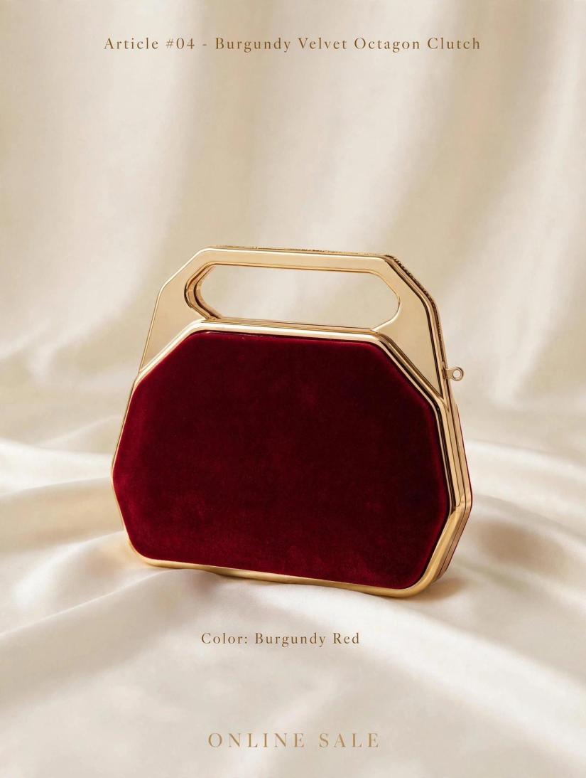 article 04 burgundy velvet octagon clutch
