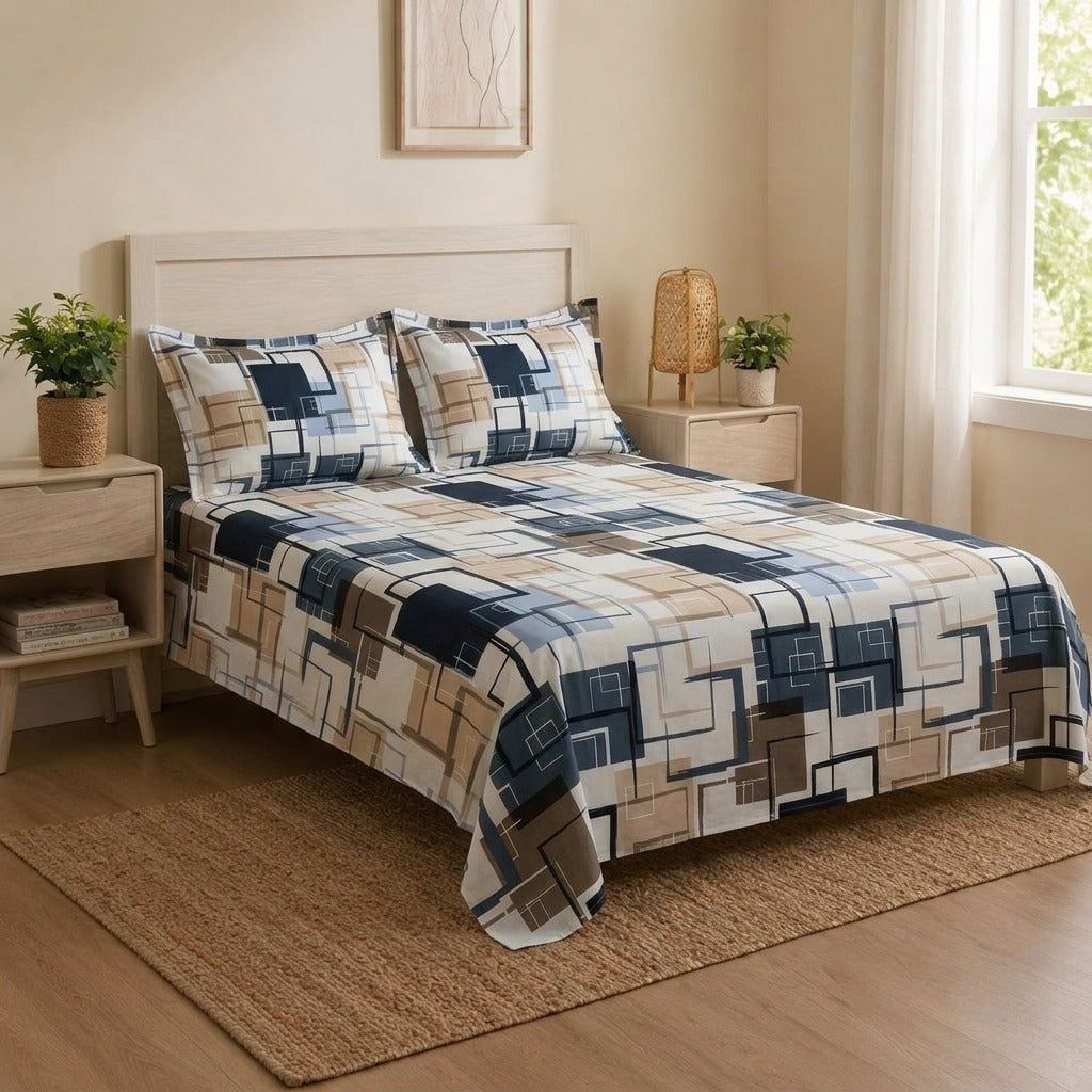 Modern Geometric Printed Bedsheet Set | Contemporary Abstract Pattern Bedding with Matching Pillowcases