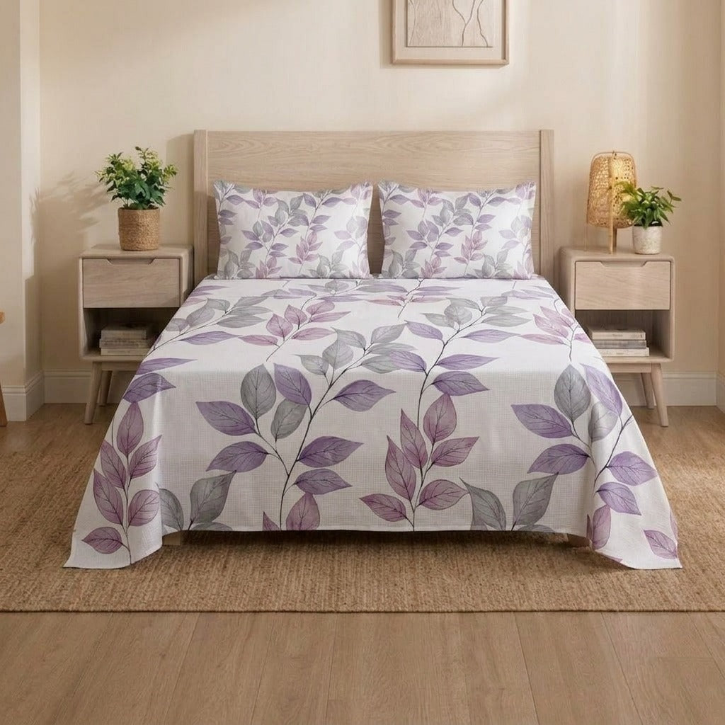 Purple Leaf Pattern Bedsheet Set Stylish Botanical Print for Single & Double Beds with 2 Pillowcases