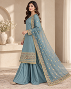 PC-91 Embroidered Silk Kameez with Sharara & Net Dupatta - 3 Pcs