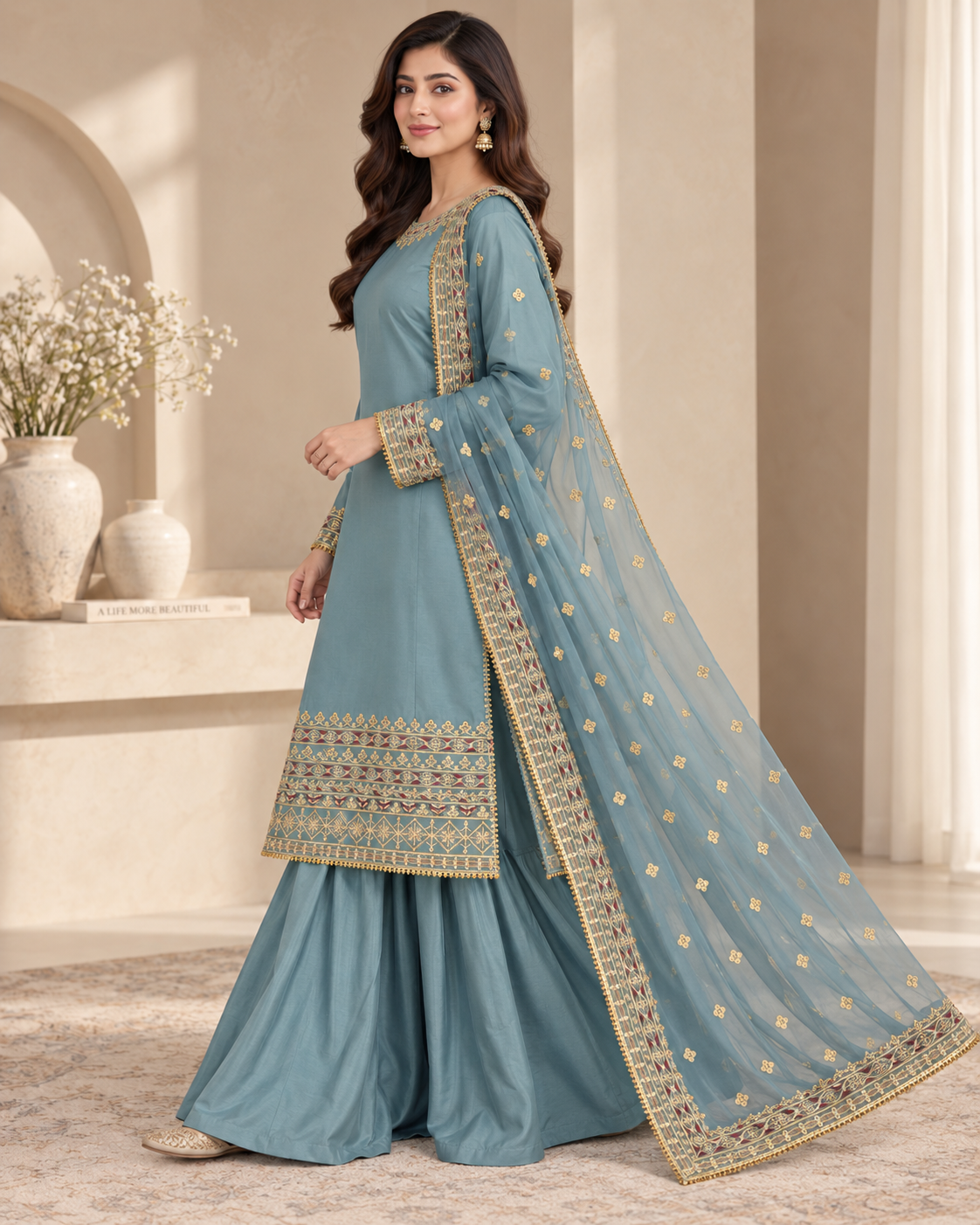 PC-91 Embroidered Silk Kameez with Sharara & Net Dupatta - 3 Pcs