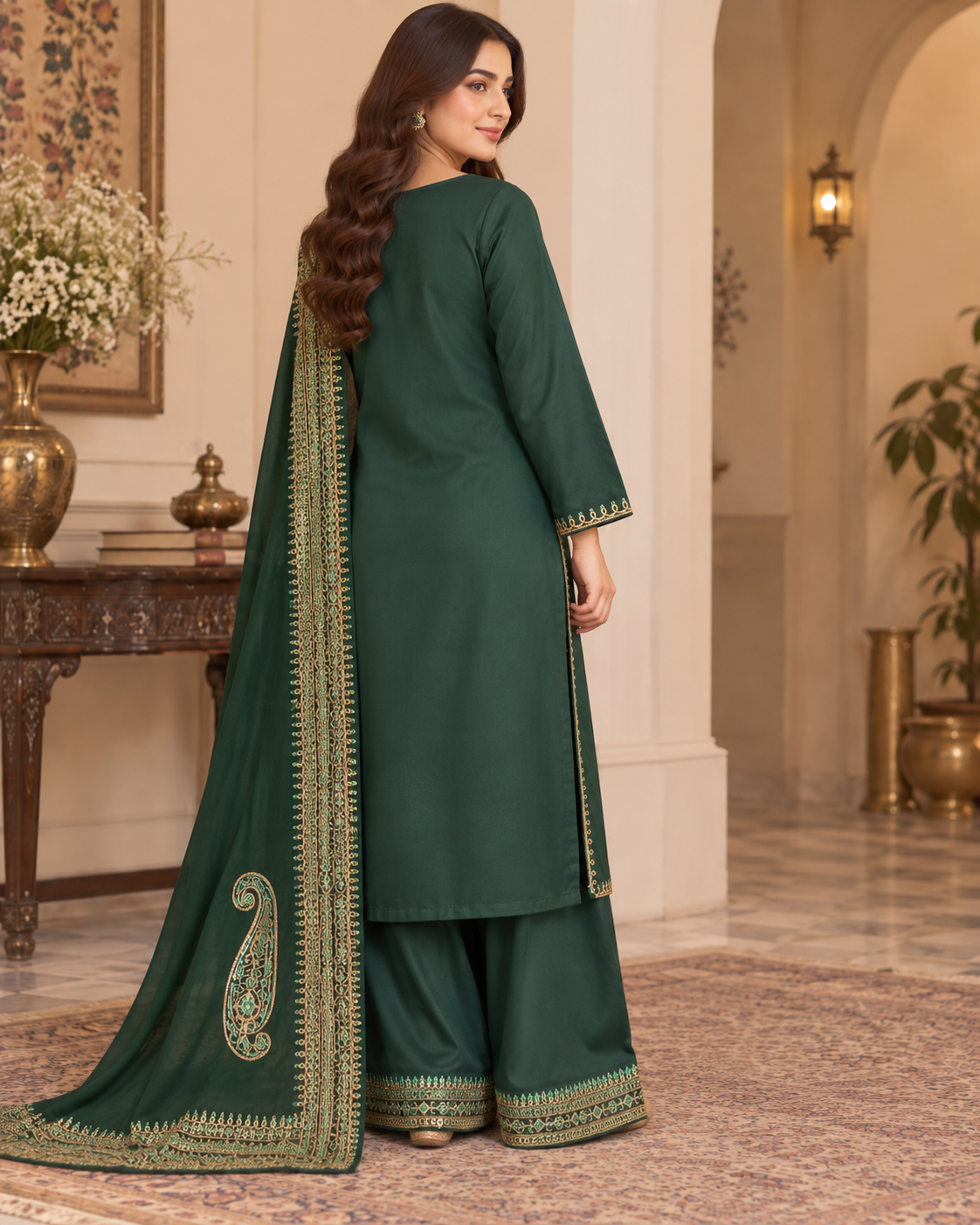PC-941 Embroidered Silk Kameez with Flared Trouser - 3 Pcs