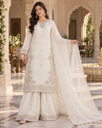 PC-93 Embroidered Silk Shirt with Flared Sharara & Cutwork Organza Dupatta - 3 Pcs