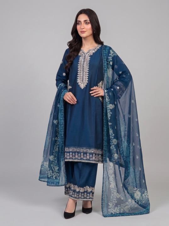 3 Pc Embroidered Lawn Cotton Stitched Suit - Deep Teal Blue