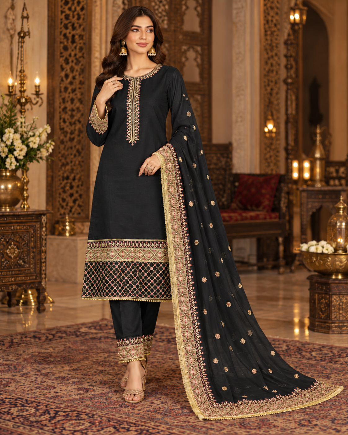 PC-96 Embroidered Premium Silk Shirt with Straight Trouser & Dupatta - 3 Pcs