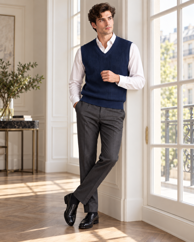 Eternity Men Navy Textured V-Neck Knitted Sweater