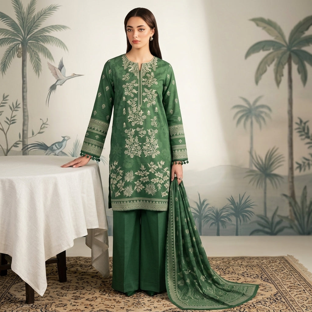A0333 Unstitched Embroidered Dhanak Suit - 3 Pc