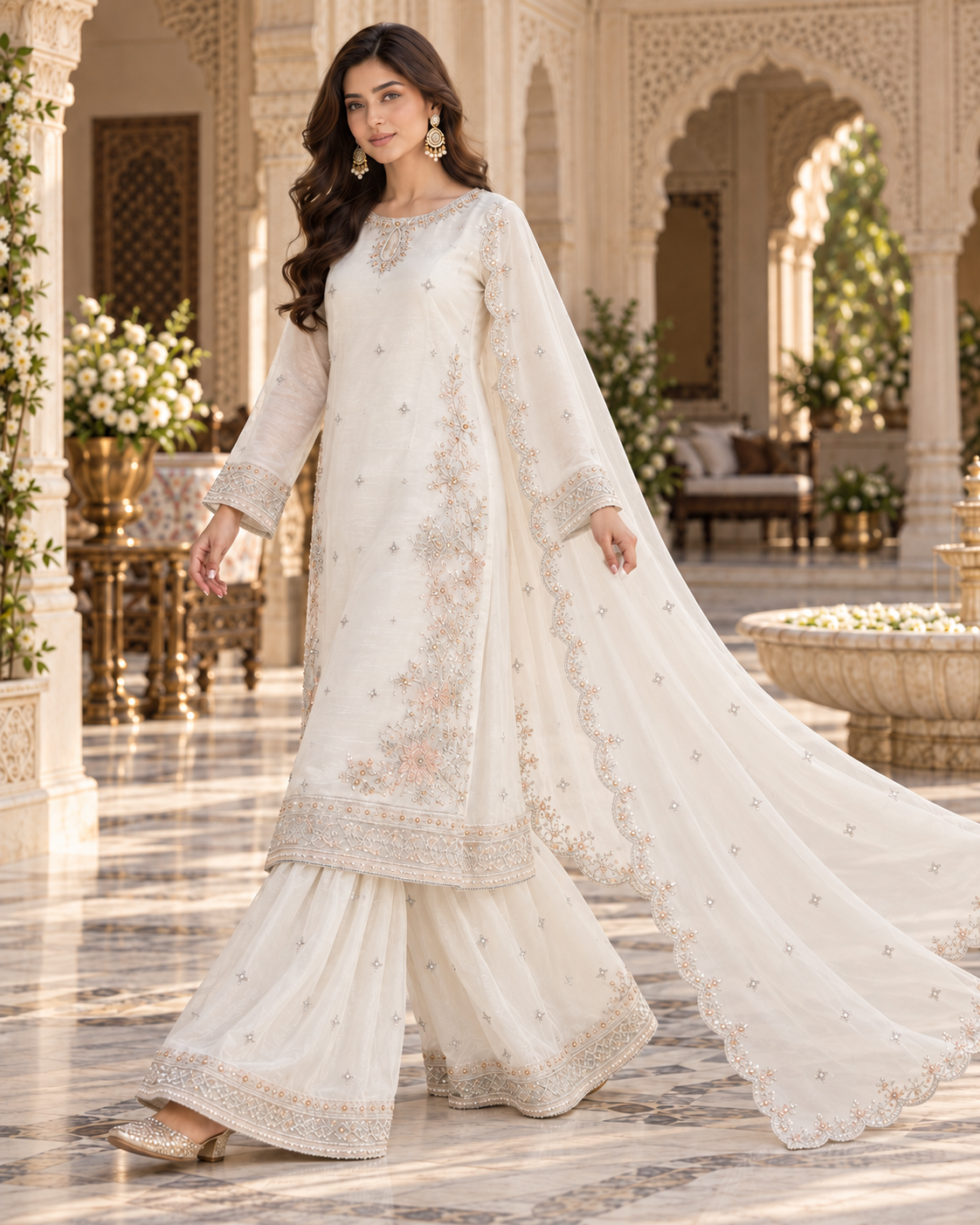 PC-93 Embroidered Silk Shirt with Flared Sharara & Cutwork Organza Dupatta - 3 Pcs