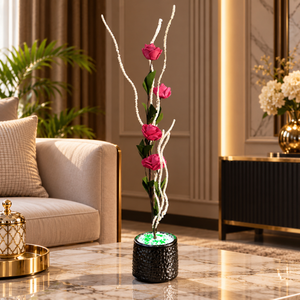 Artificial Pink Rose Flower Plant with White Decorative White & Black Pot CH 00325