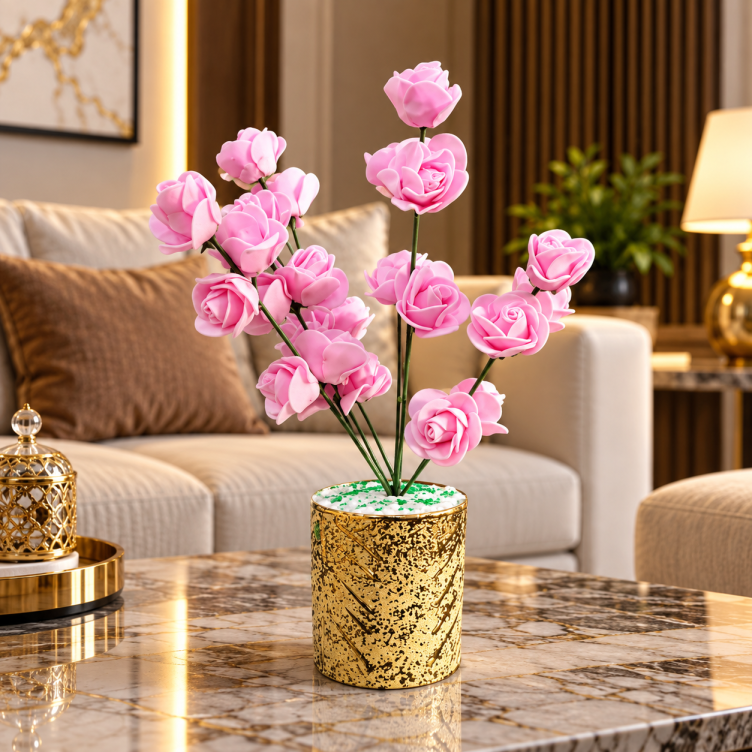 Artificial Pink Rose Flower Plant with Golden Decorative Pot CH 00327