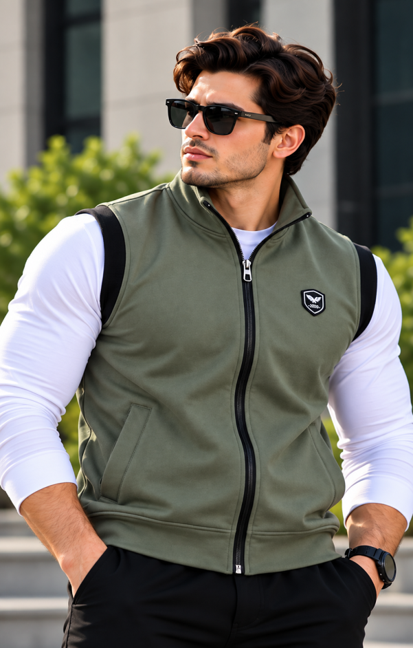 Eternity Men Premium Sleeveless Mock Neck Olive Green Zipper