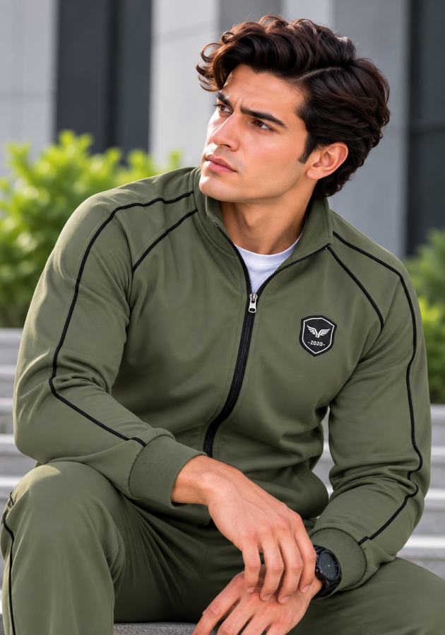 Eternity Men Premium Contrast Piping Zipper Olive Green