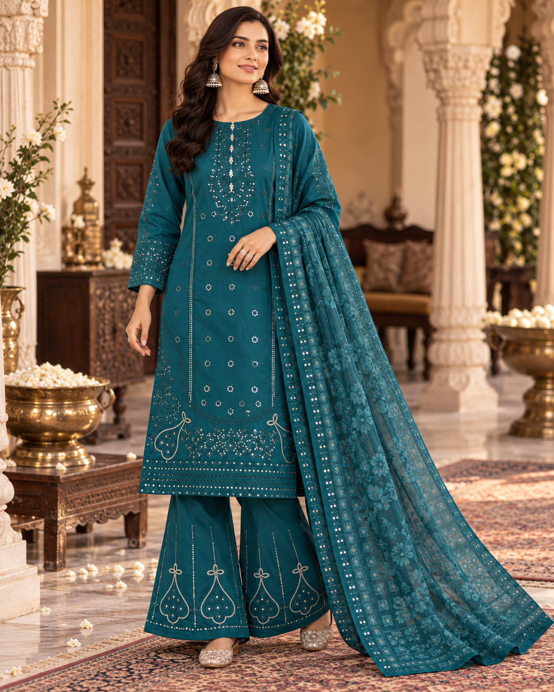 PC-971 Embroidered Cotton Shirt with Flared Trouser & Diamond Dupatta - 3 Pcs