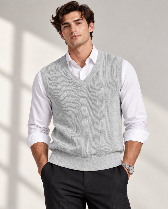 Eternity Men Grey Textured V-Neck Knitted Sweater